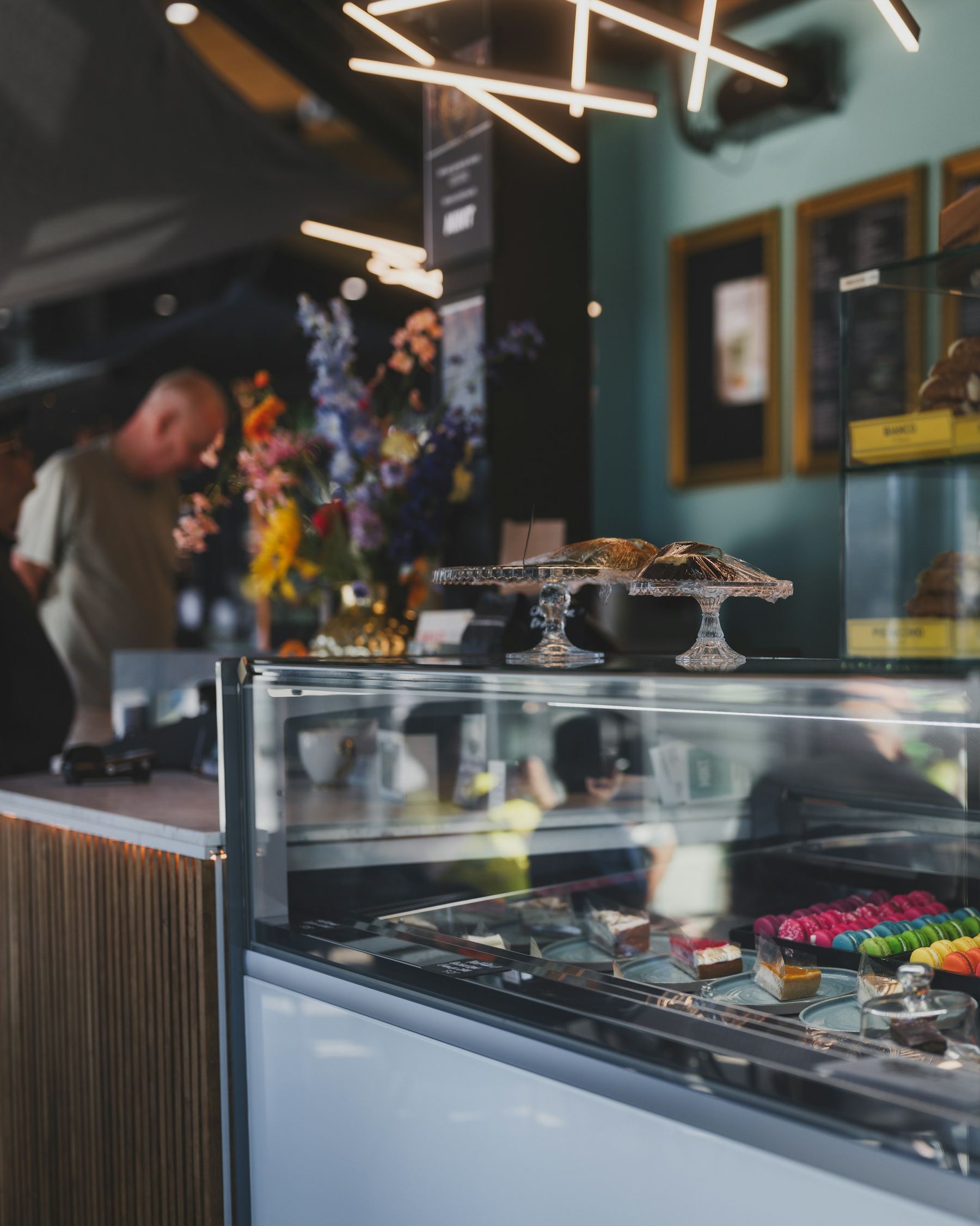 Pastries displayed in a bakery showcase